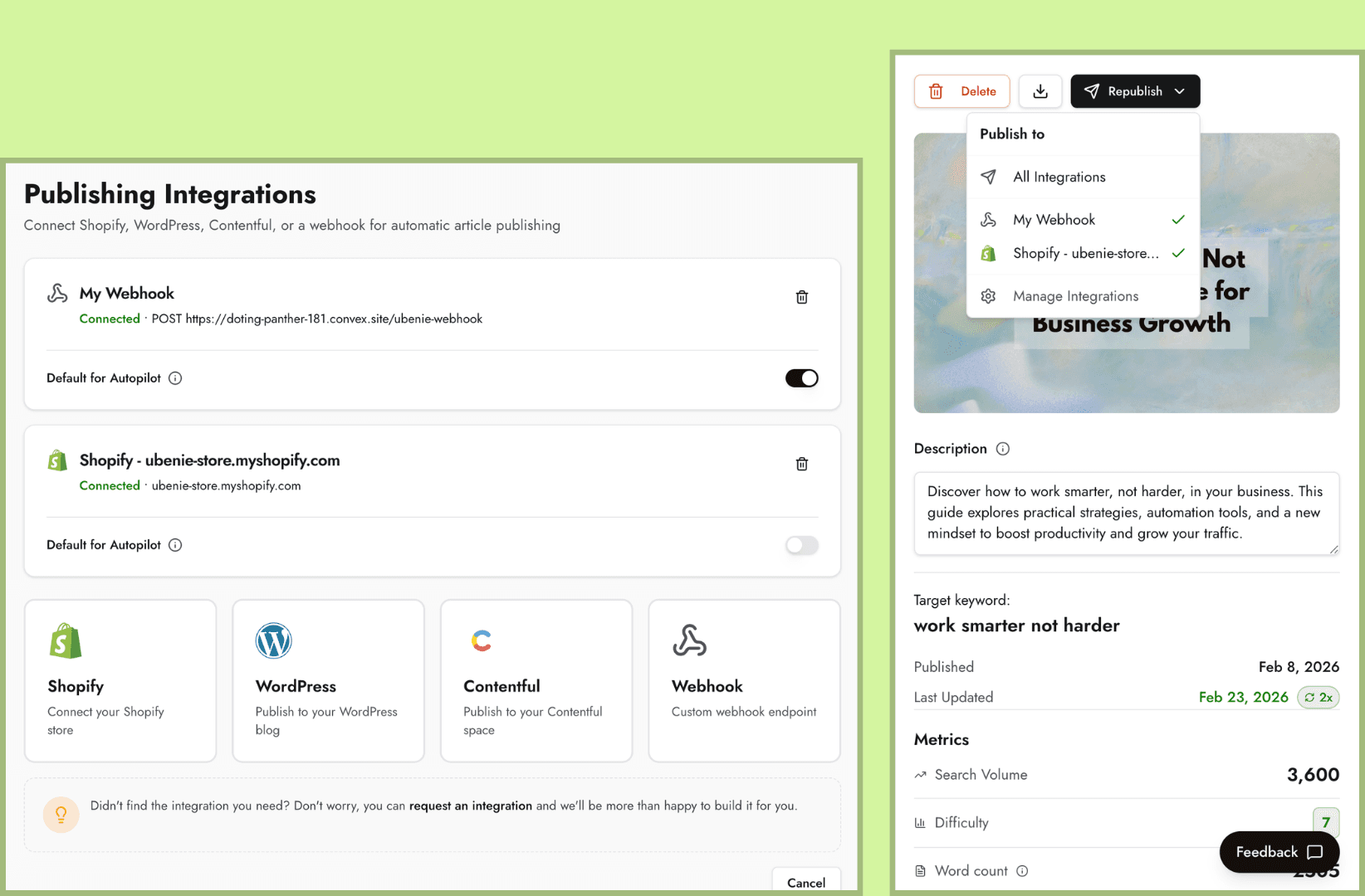 Ubenie publish dropdown with Shopify, WordPress, and Contentful integrations